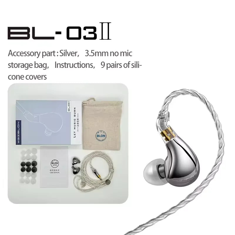 BLON BL03 II 10mm Dual-Chamber Dynamic Driver IEM Hifi Music Earphones with 0.78mm 2-Pin Detachable Cable Compatibility