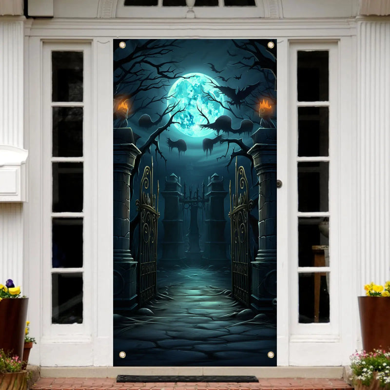 70×35 inch Halloween Door Banner Happy Halloween  Horror Graveyard Full Moon Photography Photo Background Banner