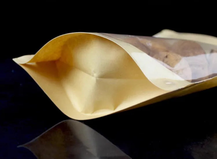 100PCS One Side Clear Stand Up Kraft Paper Ziplock Bag Resealable Snack Coffee Beaf Dates Chocolate Tea Gift Storage Pouches
