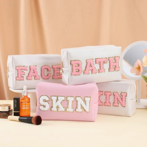 Patch Cosmetic Bag Stitched Letters PU Leather Waterproof Cosmetic Bag Travel Organizer for Women Teen Girls Makeup Bags New