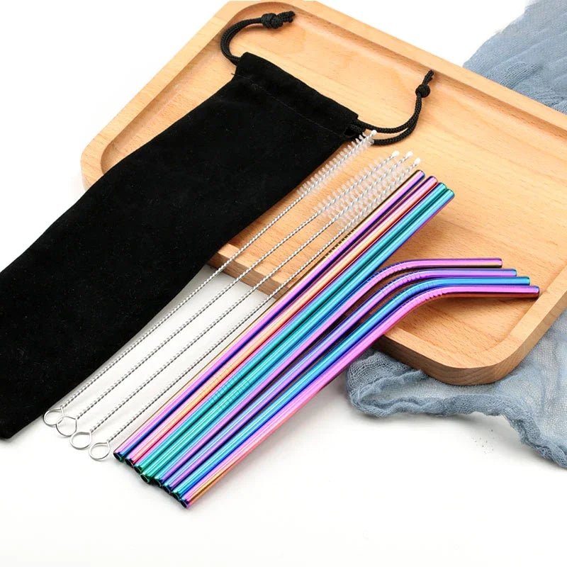 304 stainless steel Straw Reusable Straws for Beer Fruit Juice Drink Stainless Steel Metal Straws + Brush+Bag Bar Accessories