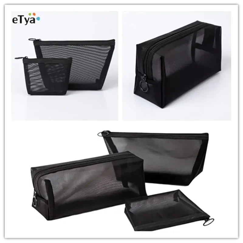 1pcs Black Mesh Cosmetic Bag Women Travel Casual Zipper Make Up Makeup Case Organizer Storage Pouch Toiletry Beauty Wash  Bags