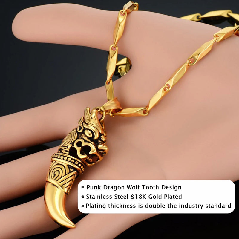 Dropshipping Stainless Steel Dragon Head Pendant Necklace Wolf Tooth Amulets And Talismans Cool Necklace For Women And Men