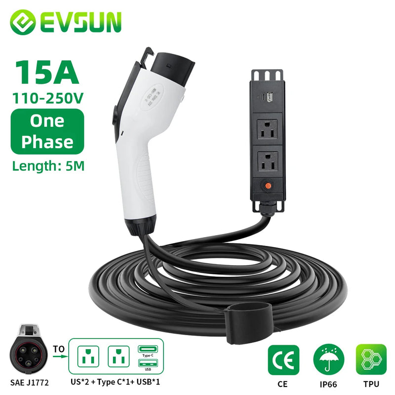 EVSUN Electric Car Side Discharge Plug EV Type1 15A Charger Cable US Socket Outdoor Power Supply Station (need car supports V2L)