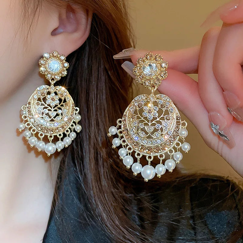 New Baroque Style Gold Color Rhinestone Flower Pearl Tassel Earrings For Women Statement Jewelry Vintage Crystal Earings Party