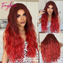 Burgundy Dark Red Synthetic Wigs Long Wavy Wine Red Cosplay Wig with Bangs for Women Natural Body Wave Halloween Heat Resistant