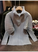 Miyake Pleated Sweatshirt Pit Stripe Zipper Standing Collar Jacket Women 2025 New Casual Pullover Hundred Pleat Skinny Tops