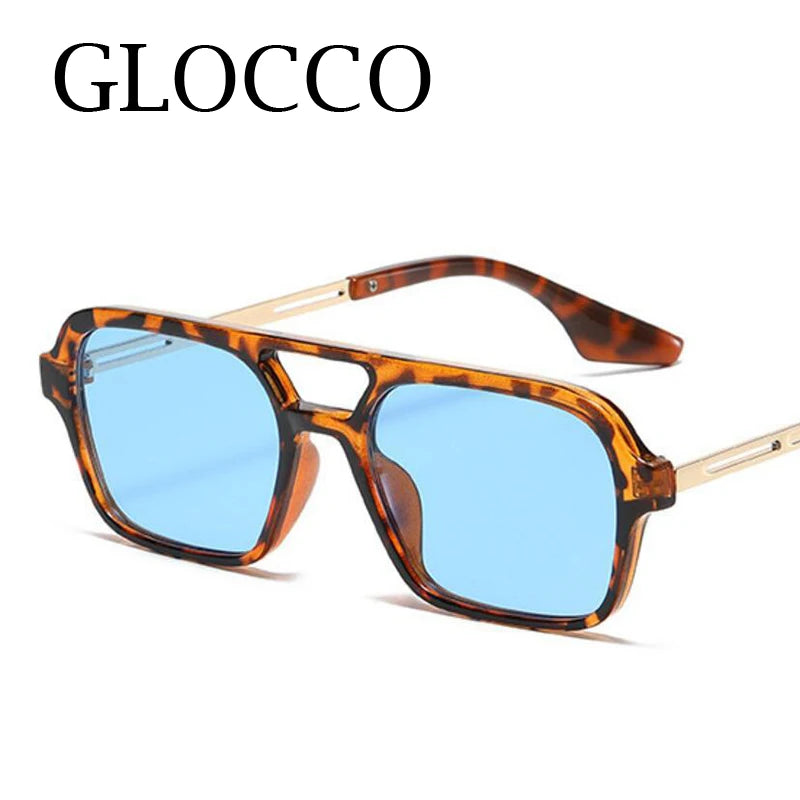 Vintage Small Frame Square Sunglasses Women Men Fashion Luxury Brand Double Bridge Sun Glasses For Female Leopard Blue Eyewear
