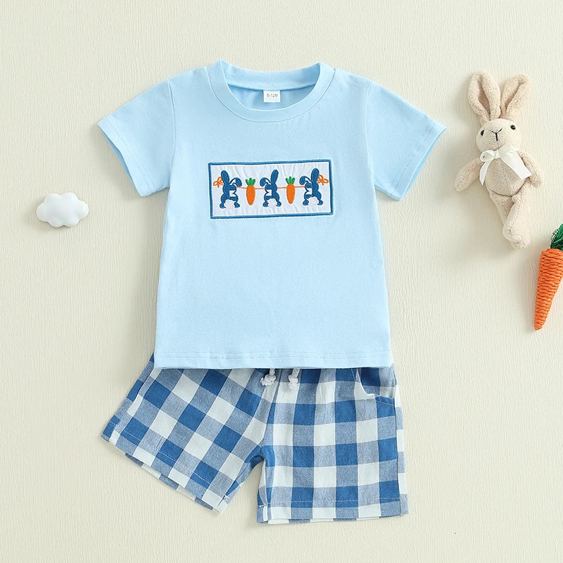 Adorable Infant Easter Outfit with Bunny and Carrot Embroidery Short Sleeve Tee and Plaid Shorts Set for Boys