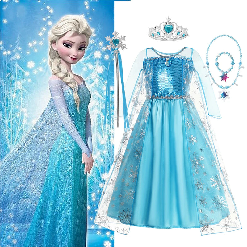 Disney Frozen Princess Elsa Costume For Girl 2024 Carnival Party Snow Queen Luxury Cosplay Birthday Party Ball Gown Outfit Dress