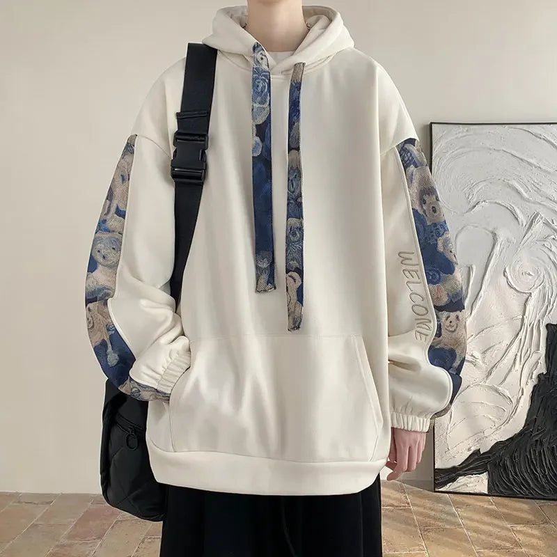 Korean Style Streetwear Men Hooded Sweatshirt Trendy Side Embroidery Design Loose Hoodie Casual Drawstring Hoodies