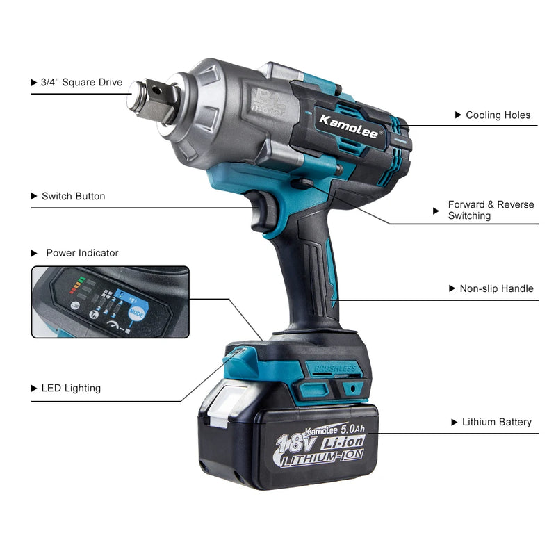 Kamolee 3100NM Brushless Electric Wrench 3/4 inch Cordless Impact Wrench Handheld Power Tool For Makita 18v Battery