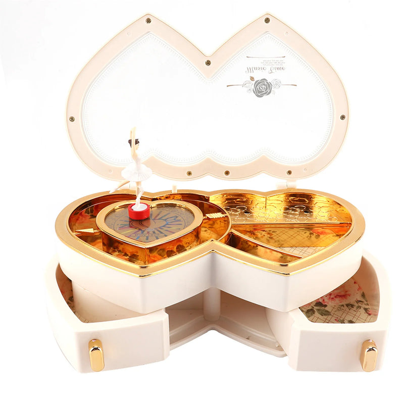 Ballet Dancer Music Box Double Heart Shaped Jewelry Storage Case Ballerina Musical Box Gift For Girls