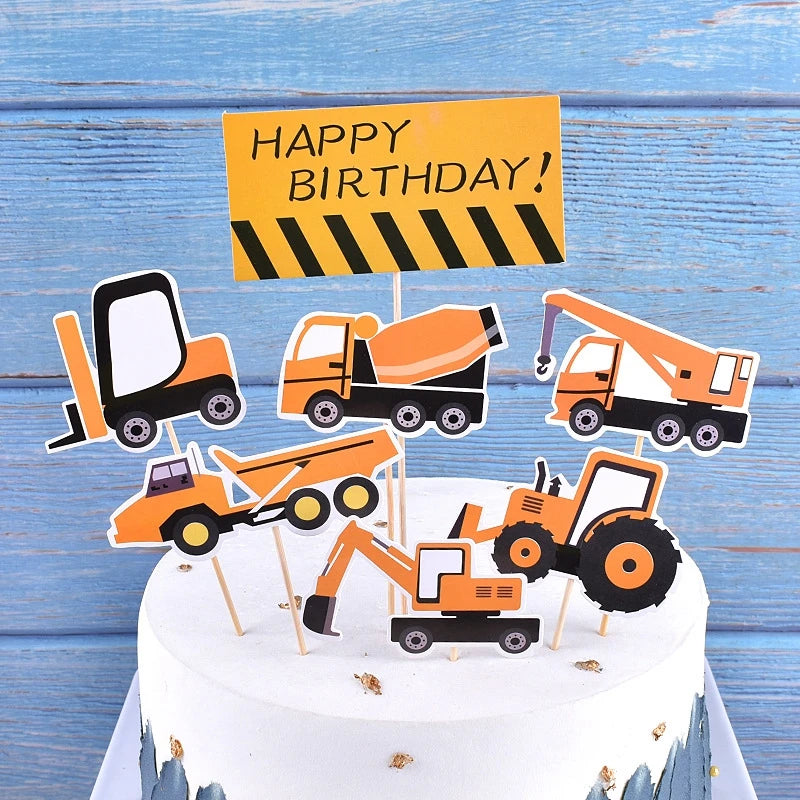 Excavator Crane Tractor Birthday Cake Topper Construction Party Cake Decor Kids Boy 1st Baby Shower One Year Happy Birthday Cake