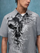 Y2K Grunge Punk Men's Street Summer Plaid Cross Print Short Sleeve Single-Breasted Casual Shirt