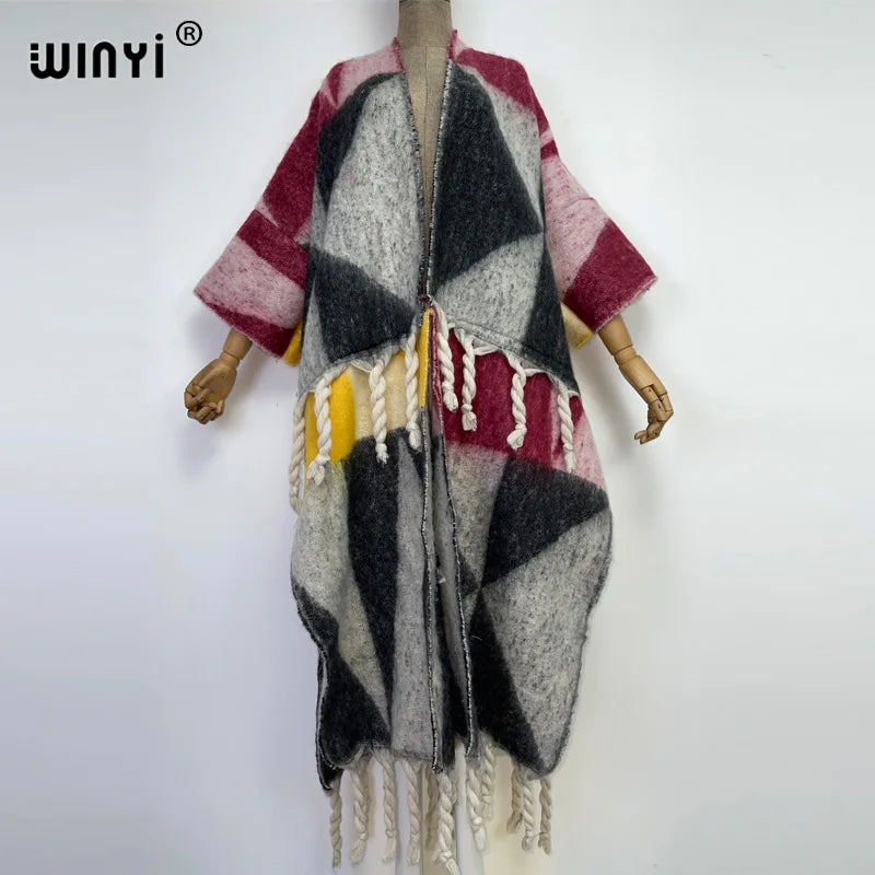 2022 WINYI Winter Women tassel Cardigan coat Loose Christmas dress robe longue Thick Warm free size Middle East Female Kaftan