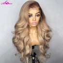 Ombre Blonde 13X6 Transparent Lace Front Human Hair Wig Brown Root Body Wave Ash Blonde 180 Density Pre Plucked Human Hair