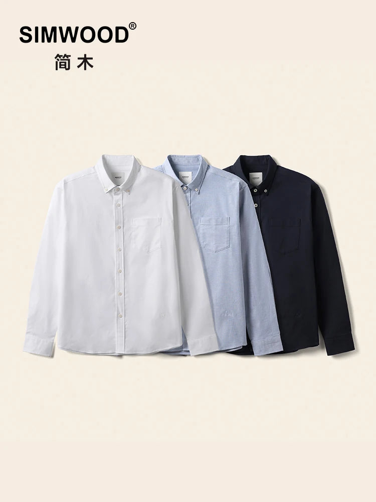 SIMWOOD 2025 Autumn New Regular Fit Smart Casual Shirts Men Basic Solid Color 180gsm Oxford Fabric Shirts