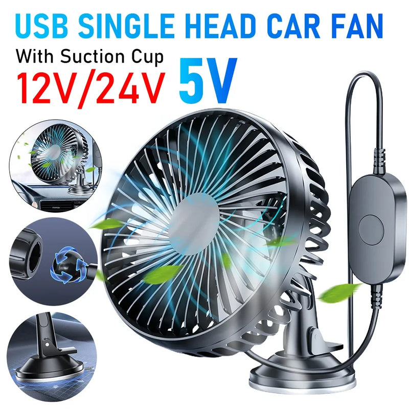 Car Fan 12V/24V USB Car Dashboard Cooling Fan Large Wind Single Head Ventilator With Suction Cup Auto Cooling Fan Car Accessory