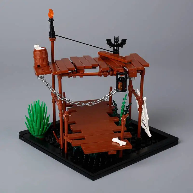 MOC Medieval Castle Building Blocks kit Tent Campfire Siege Car Hanging Cage Trial Bench Guillotine Weapon Toys Gifts Mini Brick