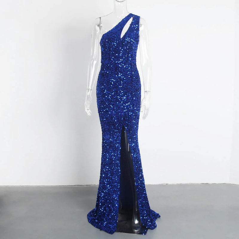 Sexy Cut Out Split Stretch Sequin Formal Party Dress Sleeveless Floor Length Bodycon Evening Night Out Gown Royal Blue Red Black