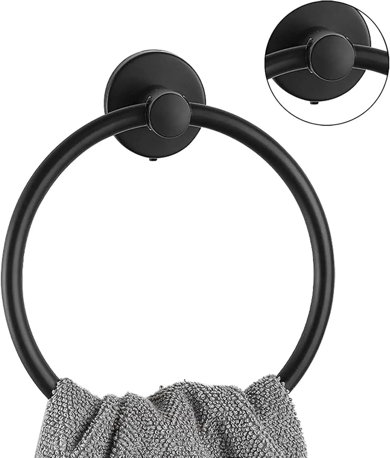 Wall Mounted Round Hand Towel Holder, Stainless Steel Matte Black Towel Ring, Bath Towel Holder Hangers for Bathroom, Kitchen
