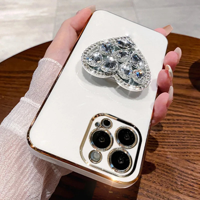 Fashion Diamond Heart Case For iPhone 15 Pro Max 14Plus 12Pro 13 Mini 11 7 8 Plus 6S X XR XSMax Bling Plating Bracket Cover Caqa
