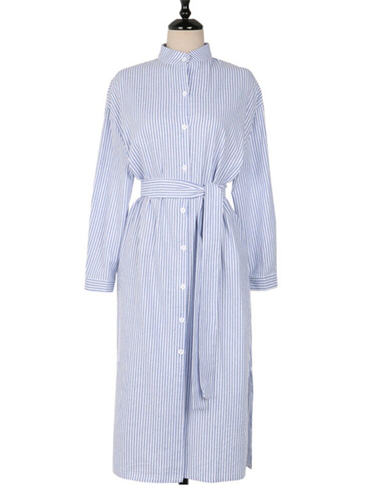 Colorfaith DR1800 2023 Striped Cotton and Linen Shirt Dress Lace Up Women Spring Summer Elegant Korean Fashion Lady Long Dresses