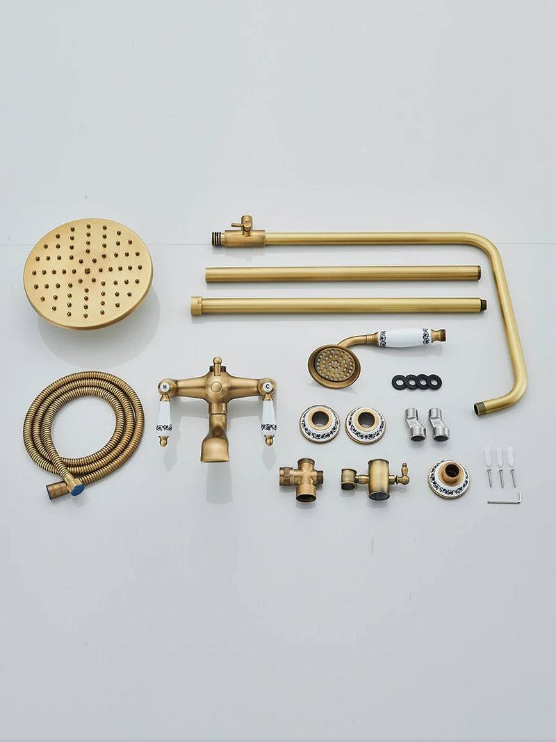 Retro Shower System Antique Brass Rainfall Shower With Handheld Shower Tub Spout For Bath Shower