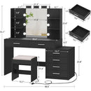 Quimoo 48" Großer Schminktisch mit Spiegel und Beleuchtung, Schminktisch mit 6 Schubladen, Steckdose, 4 Ablagefächern & Hocker, Schwarz