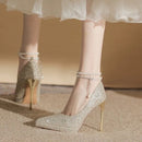 New Pearl Waterproof High Heel Shoes Women's Spring Autumn Pointed Toe Thin Heel Champagne Color Crystal Bride Marriage Shoes