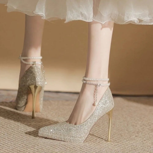New Pearl Waterproof High Heel Shoes Women's Spring Autumn Pointed Toe Thin Heel Champagne Color Crystal Bride Marriage Shoes