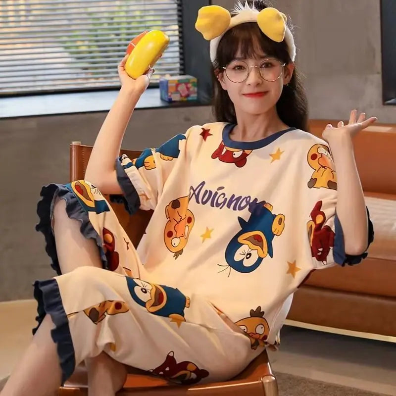 Women Summer Spring Two Pieces Sets Pajamas O-neck Short Sleeve Pant-7 Homewear Girls Big Size Thin Printing Cartoon Soft Cute