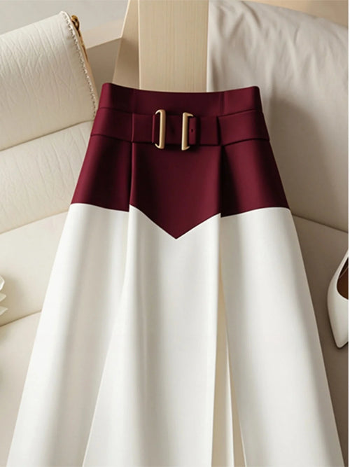 Damen Freizeit Rot-Weiß Patchwork Rock Y2k Elegant Chic Streetwear A-Linie Langer Rock Harajuku Koreanischer Vintage Rock mit Hoher Taille