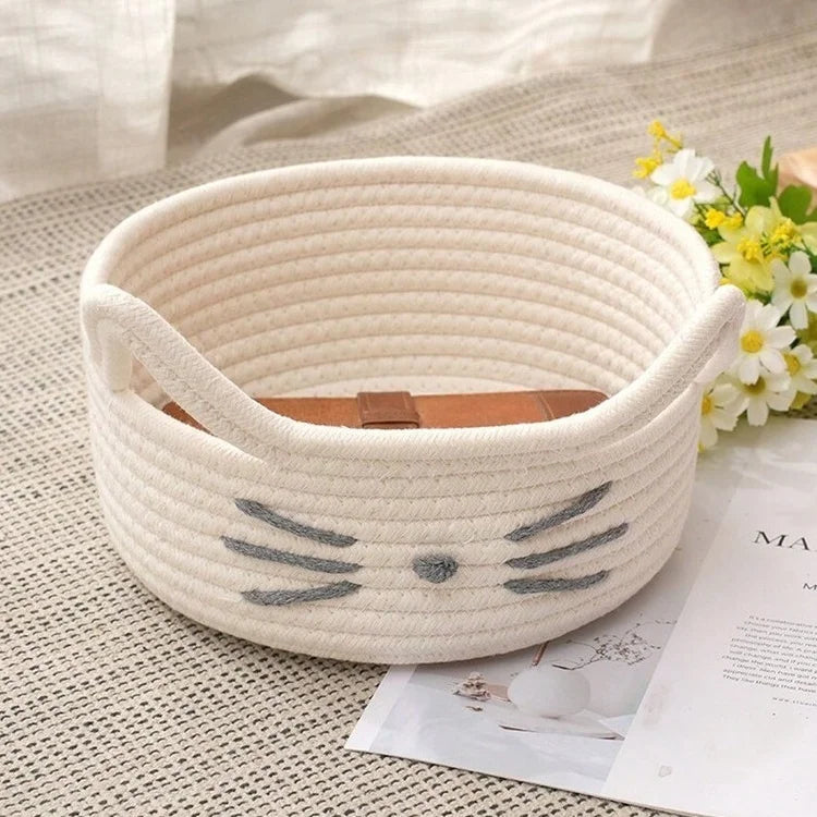 Cartoon Cat Hand Woven Storage Basket With Ears Kids Toys Sundries Laundry Desktop Organizer Box Space-Saving Decorative Bins