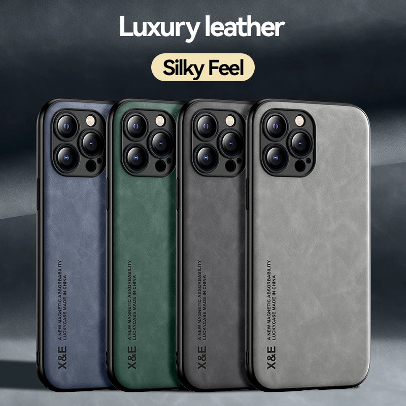 Luxury Leather Case For iPhone 15 14 13 12 11 Pro Max Mini XR XS 8 7 Plus SE 2020 2022 Cover With Metal Plate Support Car Holder