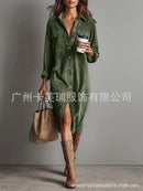 Retro Chic Women Midi Dress Corduroy Fabric Lapel Collar Popular Button Front Loose Fit Long Sleeve Comfy Casual Daily Outfit
