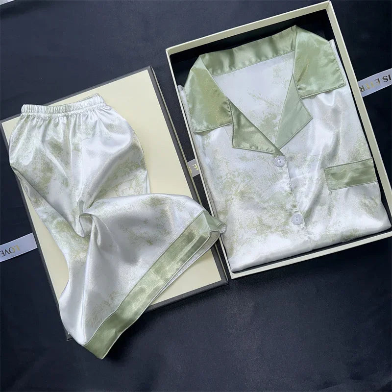 2 Pieces Print Sleepwear Faux Silk Satin Nightwear Pyjamas Fashion Casual Pajama Women Shorts Pajamas Set Ink Painting Outfits