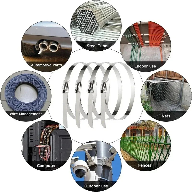 20/100pcs Stainless Steel Cable Ties Metal Zip Tie Straps for Exhaust Wrap Multi-Purpose Heavy Duty Self-locking Fastening Rings