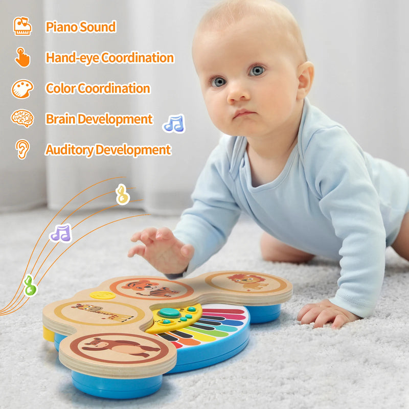 Wooden 2in1 Keyboard Piano Clapping Drum with Light & Music Cartoon Animals Music Toys Educational Toys for 12 months Baby Gifts