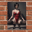 Ada Wong Sexy Metal Wall Art Poster - 8x12 Inch Red Dress Illustration for Home, Bar, Cafe, Office, Man Cave Decor