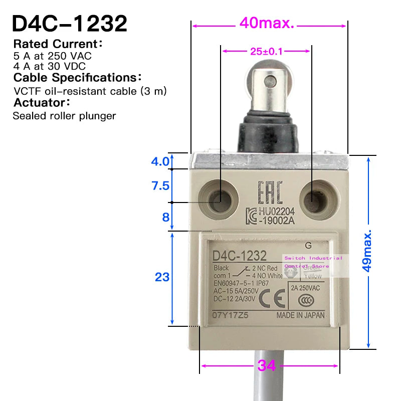 High strength waterproof travel limit switch D4C-1202 1201 1203 1220 1224 1231 1232 1233 1250 1260 1620 3324 Enclosed switch1227