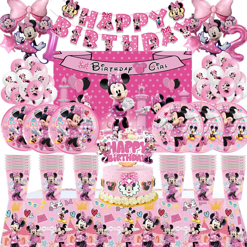 Minnie Mouse Party Disposable Tableware Cup Plate Cake Topper Decoration Minnie 1 2 3st Birthday Balloon Banner Background Decor