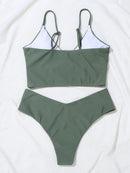 Military Green Double Layer Mid-Waist Bikini Sets Swimsuit Women Sexy Lace Up Two Pieces Swimwear 2025 New Beach Bathing Suits