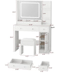 Satifur White Vanity Desk with Mirror and Lights, Makeup Desk with Storage Shelf and Power Outlet, Dressing Table with Cabinet