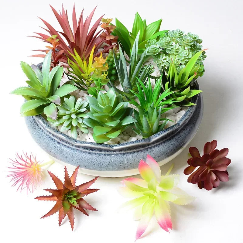 12pcs Artificial Succulents Plants Green Faux Succulent Plant Home Garden Small Bonsai Decor Flower Desktop Table Fake Plants