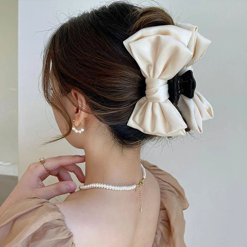 Black Double-sided Bow Clip Women Large Satin Shark Hair Claw Solid Bowknot Hairpin Barrettes Headbands Fashion Hair Accessories