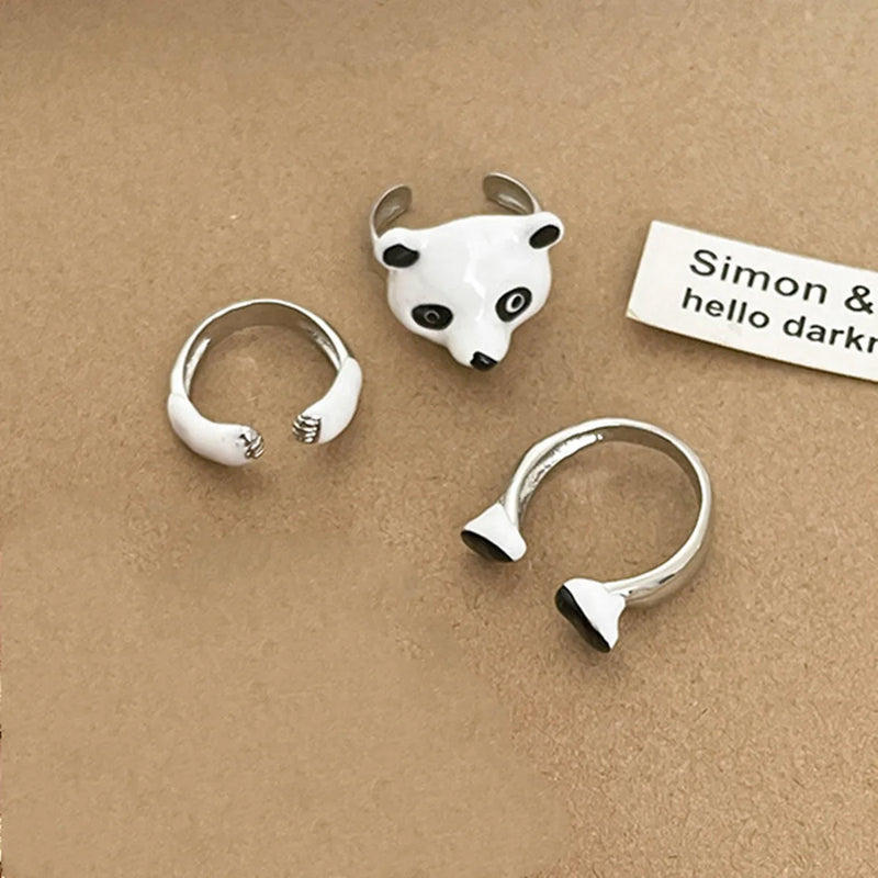 3Pcs/set Cute Cartoon Panda Decoration Drip Oil Open Rings for Women Fashion Jewelry Gift Creative Ring