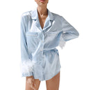 Women 2PCS Pajamas Patchwork Feather Cuffs Solid Color Long Sleeve Lapel Button Shirt with Short Pants Loose Loungewear Outfits