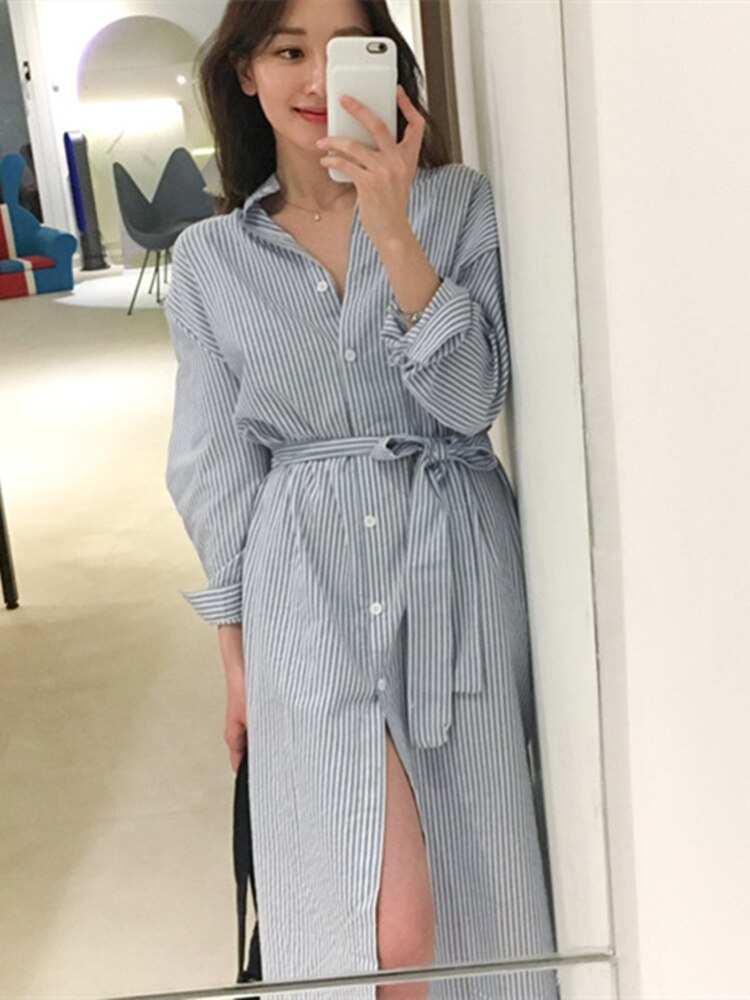 Colorfaith DR1800 2023 Striped Cotton and Linen Shirt Dress Lace Up Women Spring Summer Elegant Korean Fashion Lady Long Dresses